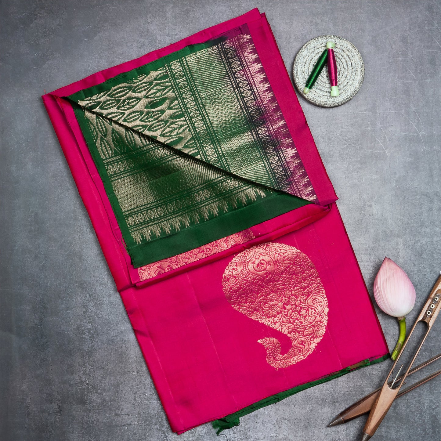 HSS12 Rich Carmine and  Phthalo Green combined Soft Silk Saree