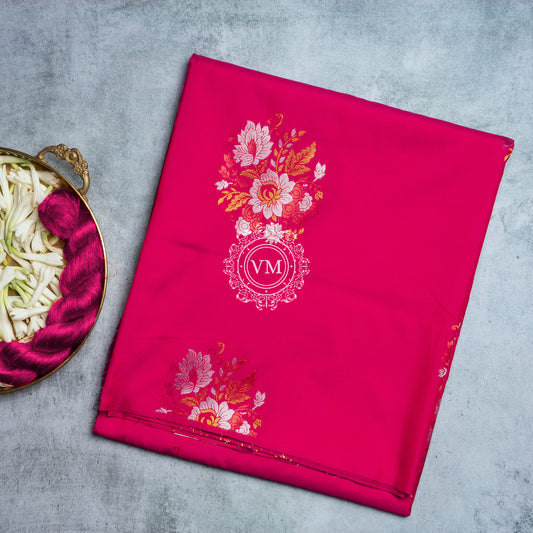 SS66 Silver And Copper Floral Zari Design  Rani Pink Soft Silk Saree