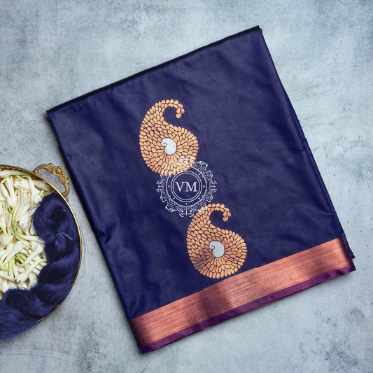SS69 Paisley Gold Zari Motif Design With Dark Blue Soft Silk Saree