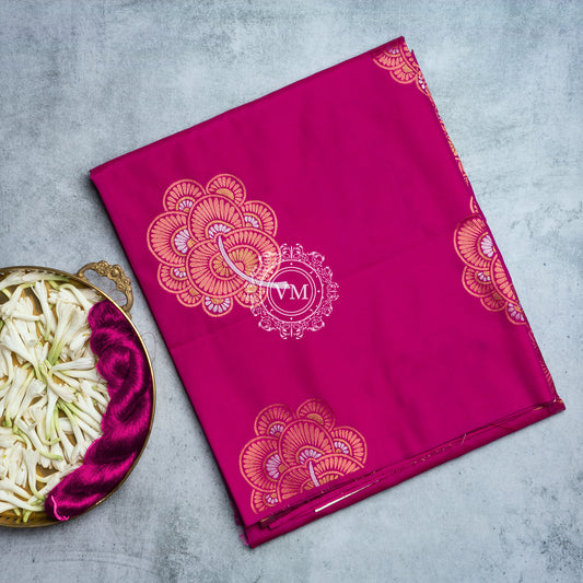 SS71 Floral Design Gold Zari Motif  Rani Pink Soft Silk Saree