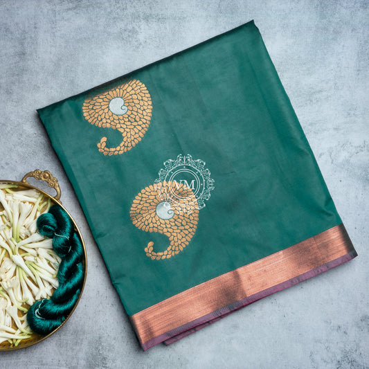 SS75 Paisley Gold Zari Motif Design  Mehndi Green Soft Silk Saree