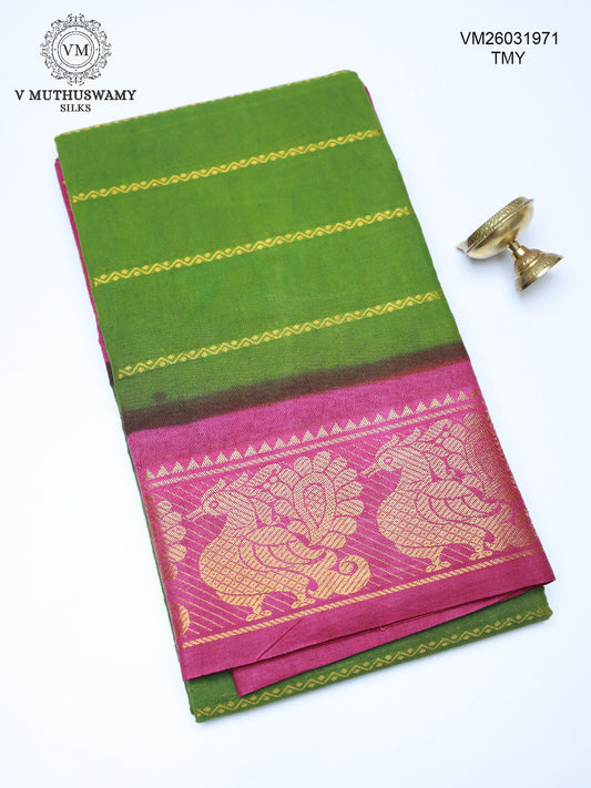 Cotton Saree - Green With Pink