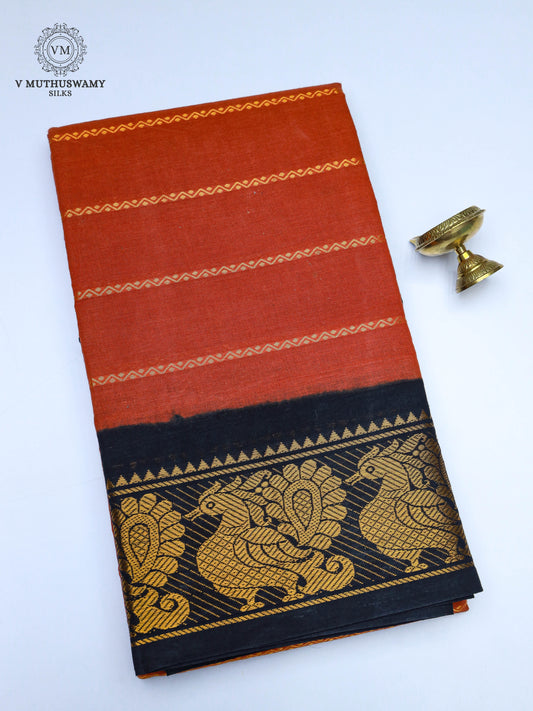 Cotton Saree - Rust With Black