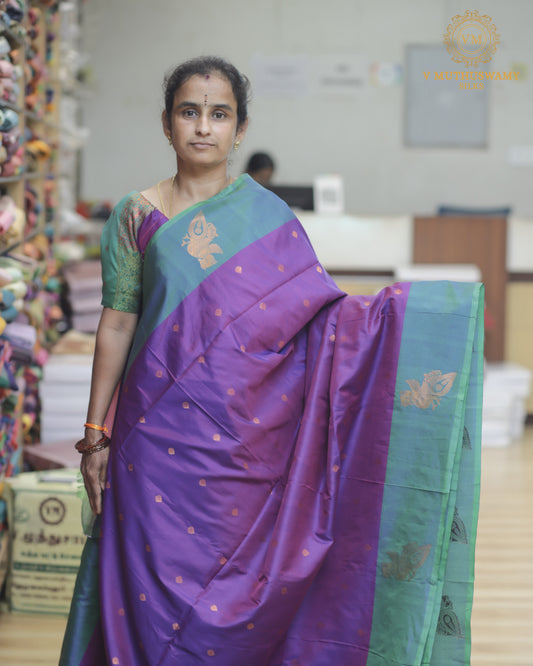 Purple with Peacock Green Semi Soft Silk