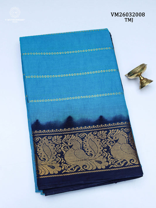 Cotton Saree - Sky Blue With Navy Blue