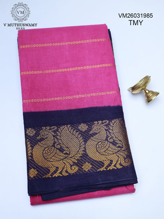 Cotton Saree - Lotus Pink With Navy Blue