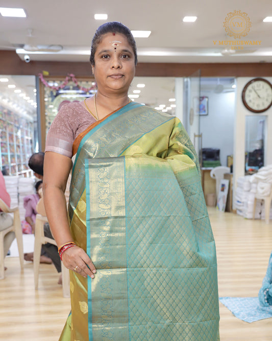 Parrot Green With Sky Blue Soft Silk with Kanchi Border