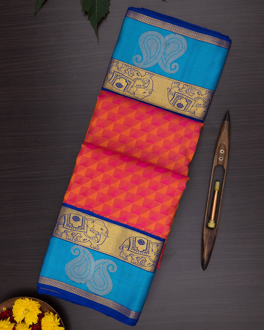 HALLOWEEN ORANGE COLOUR WITH BLUE CONTRAST BORDER KANCHIPURAM TRADITIONAL SILK SAREE