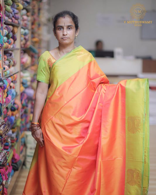 Orange with Parrot Green Semi Soft Silk