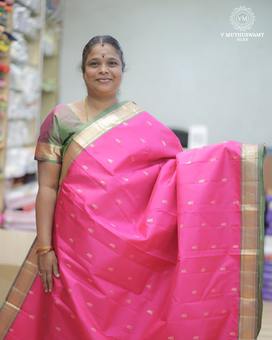 Pink With Green Soft Silk With Kanchi Border