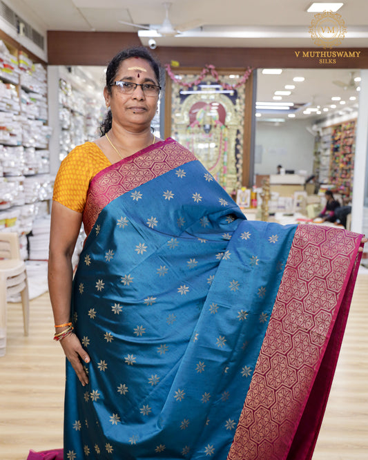 Peacock Blue with Pink Semi Soft Silk Saree