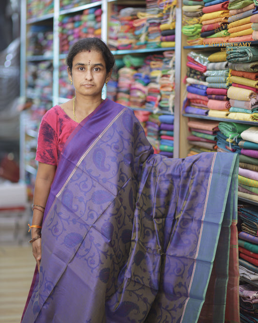 Purple With Pink Semi Silk Cotton Pochampally Saree