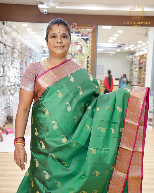 Green with Pink Soft Silk with Kanchi Border