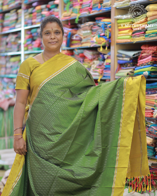 Light Green With Fenugreek Yellow - Semi Soft Silk Saree