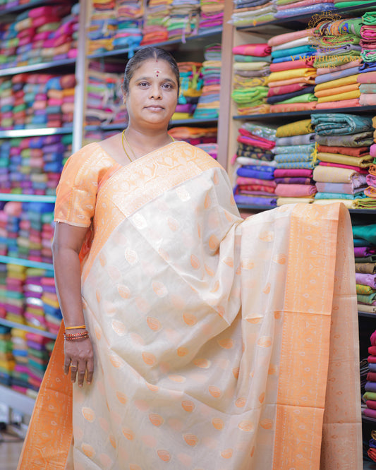 Sandal With Orange Fancy Cotton Saree