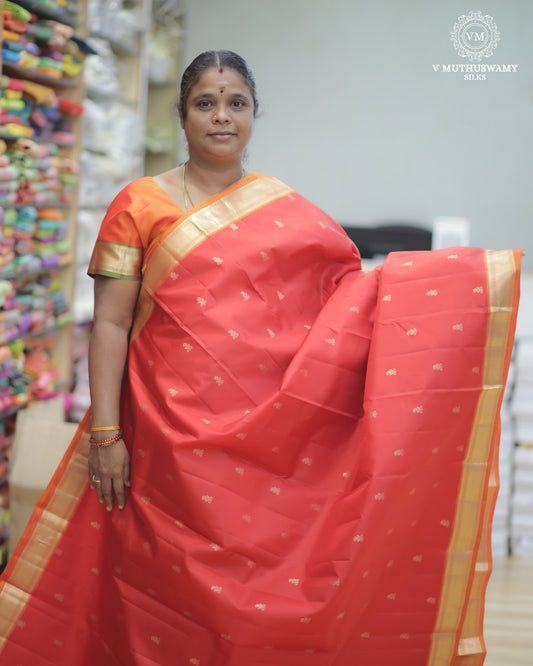 Tomato Red With Orange Soft Silk With Kanchi Border