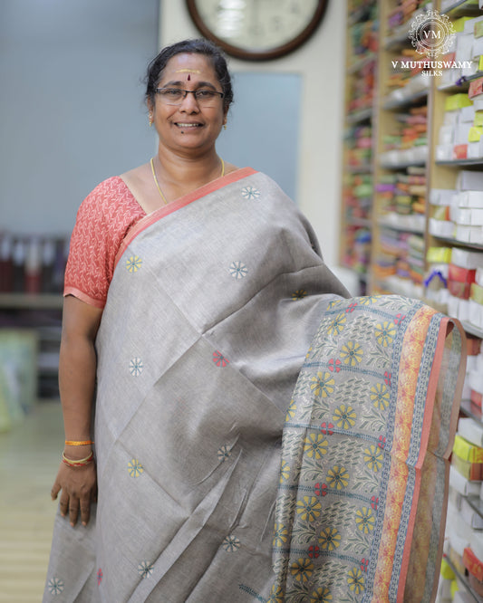 Grey Semi Tussar Silk Saree