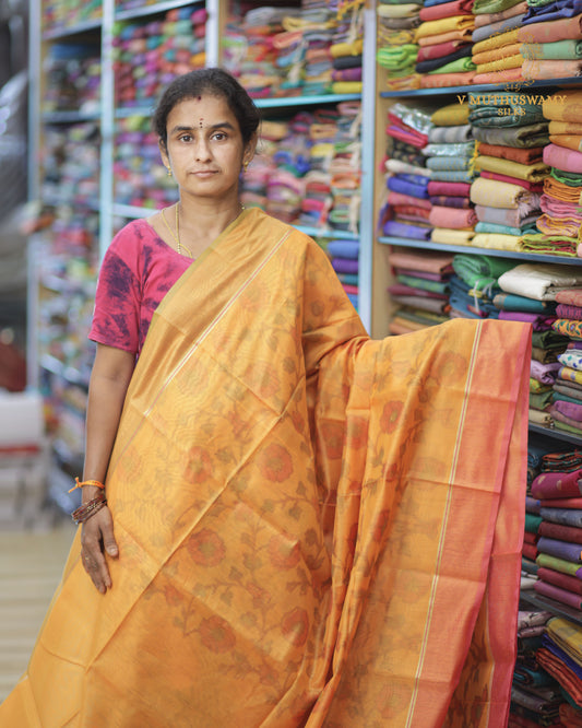Yellow With Pink Semi Silk Cotton Pochampally Saree