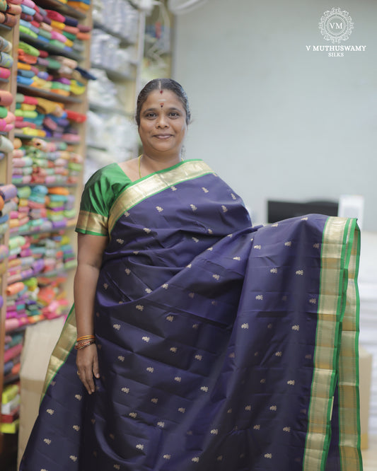 Navy Blue With Green Soft Silk With Kanchi Border