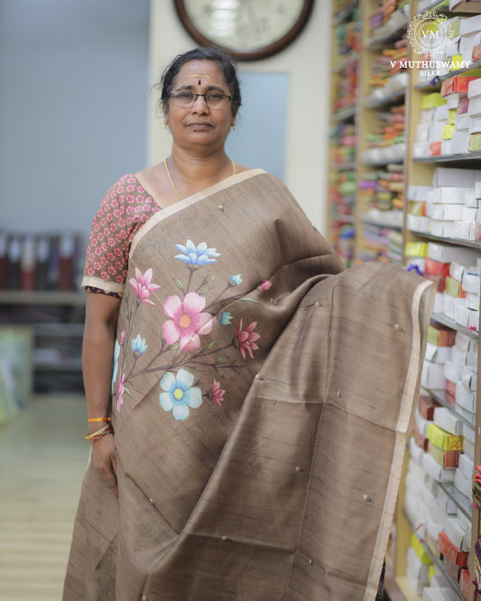Brown Semi Tussar Silk Saree