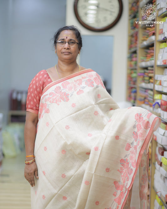 Creamy Sandal Semi Tussar Silk Saree