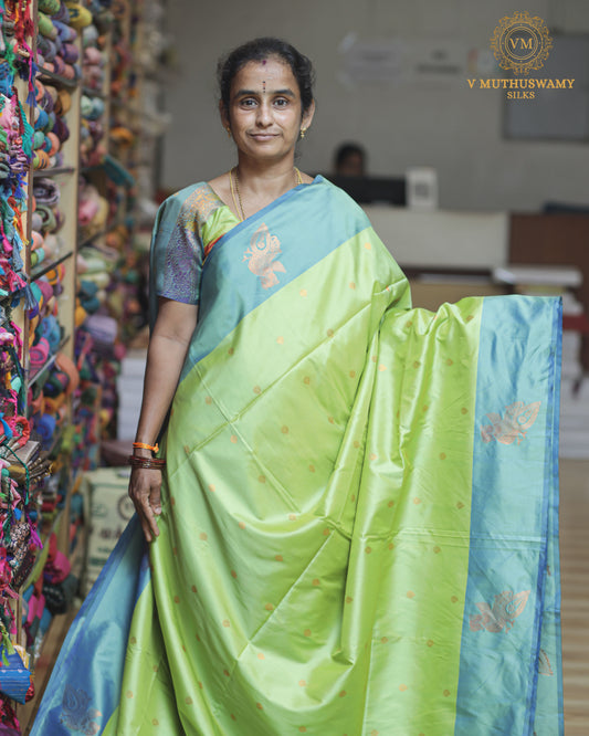 Parrot Green with Sky Blue Semi Soft Silk