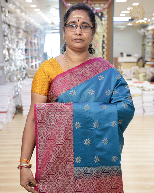 Peacock Blue with Pink Semi Soft Silk Saree