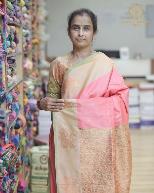 Light Pink with Light Green Semi Soft Silk