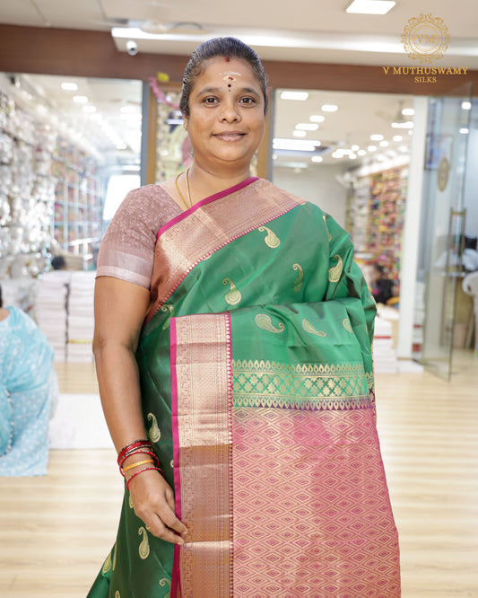 Green with Pink Soft Silk with Kanchi Border