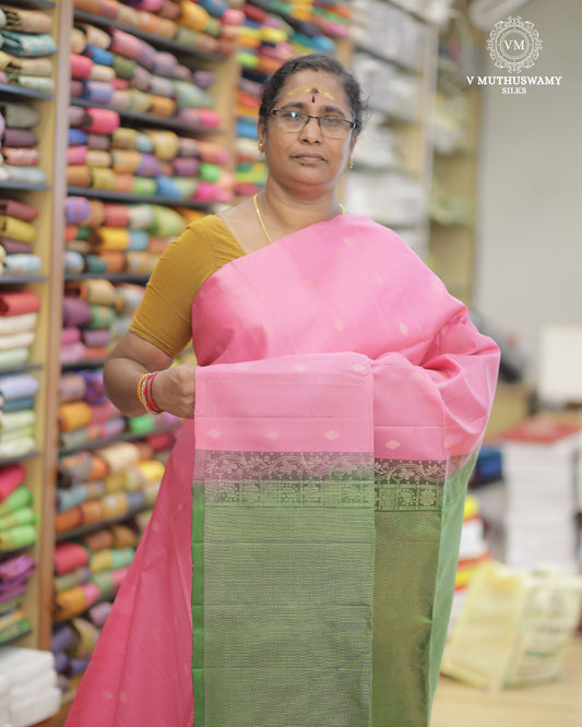 Pink With Green - Handloom Soft Silk