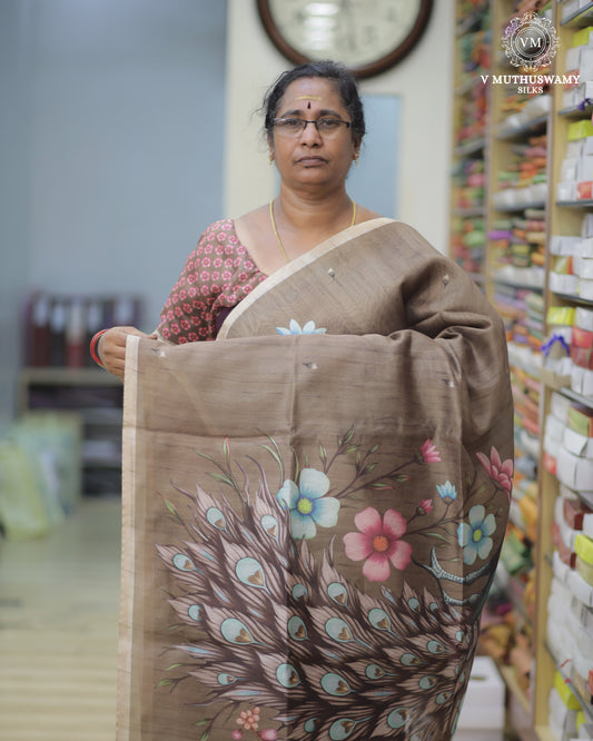 Brown Semi Tussar Silk Saree