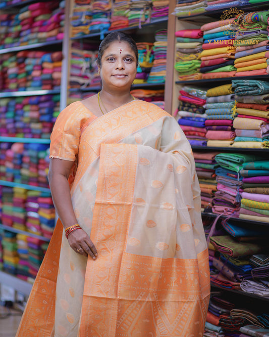 Sandal With Orange Fancy Cotton Saree