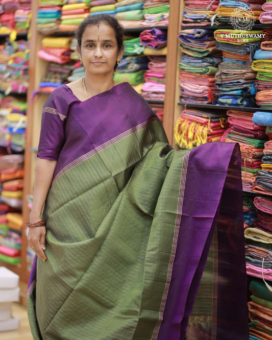 Light Green With Purply Magenta - Handloom Soft Silk