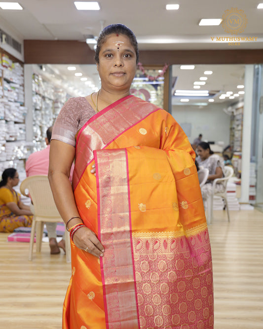 Mango Yellow with Pink Soft Silk with Kanchi Border