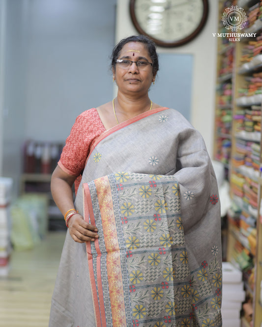 Grey Semi Tussar Silk Saree