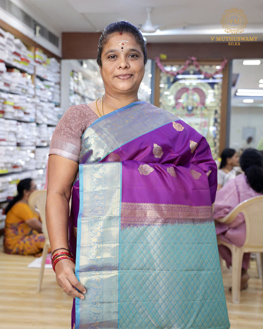 Purple with Sky Blue Soft Silk with Kanchi Border