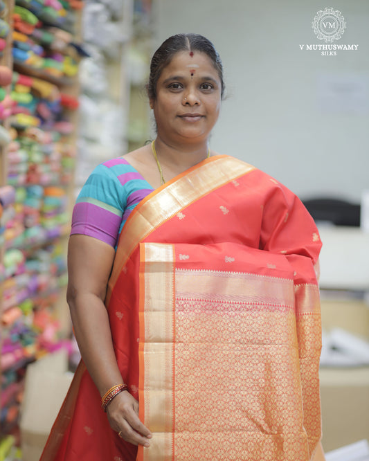 Tomato Red With Orange Soft Silk With Kanchi Border