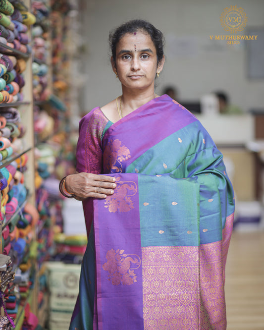 Peacock Blue with Purple Semi Soft Silk
