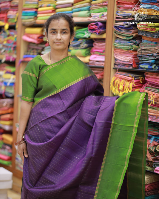 Plum Purple With Leaf Green  - Handloom Soft Silk