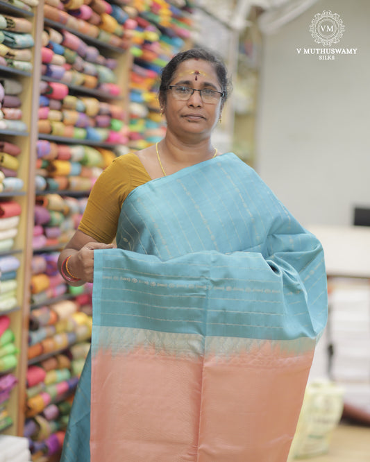 Light Blue With Pinkish Brown - Handloom Soft Silk