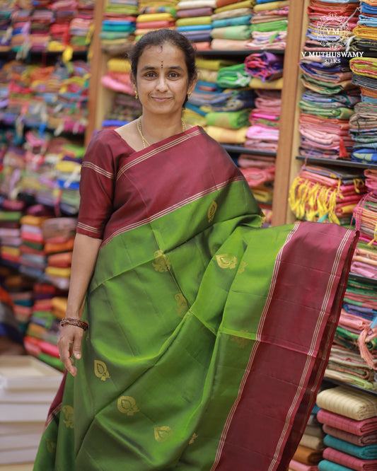 Leaf Green With Brown - Handloom Soft Silk