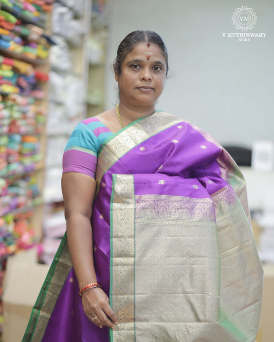 Purple With Green Soft Silk With Kanchi Border