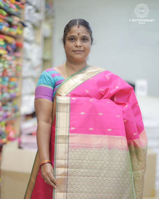 Pink With Green Soft Silk With Kanchi Border