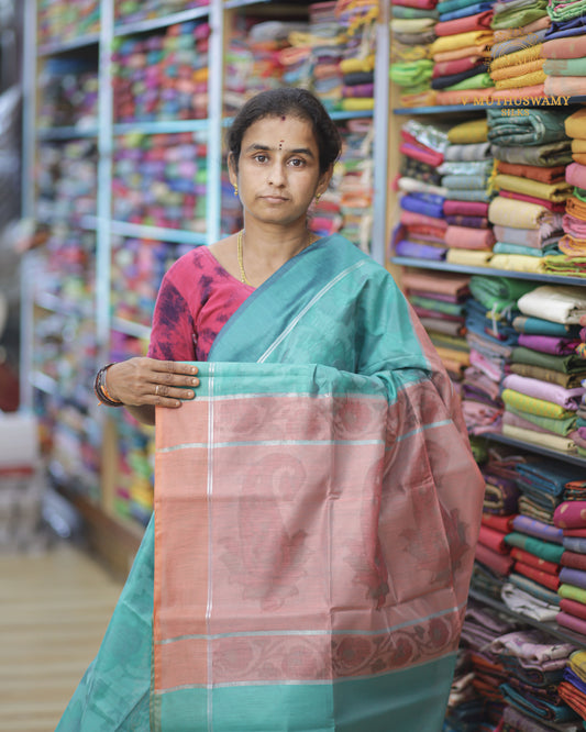 Light Ramar Green With Onion Semi Silk Cotton Pochampally Saree