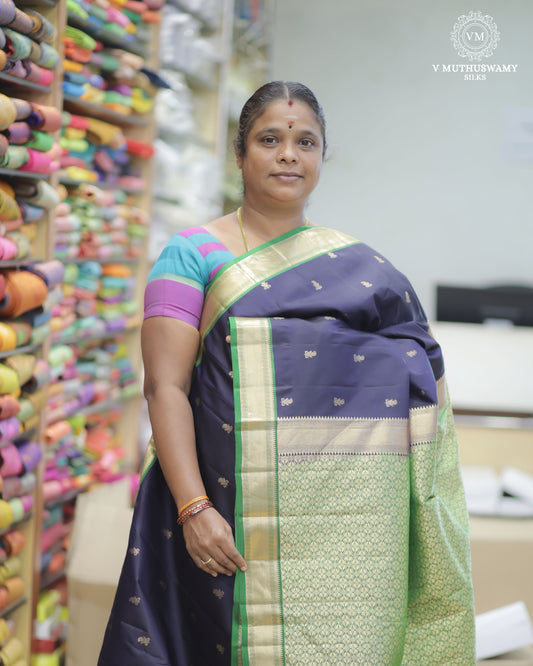 Navy Blue With Green Soft Silk With Kanchi Border