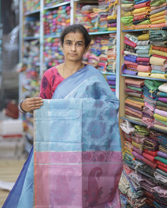 Sky Blue With  Baby Pink Semi Silk Cotton Pochampally Saree