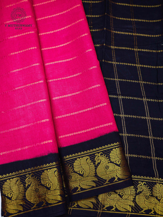 Cotton Saree - Tomato With Navy Blue