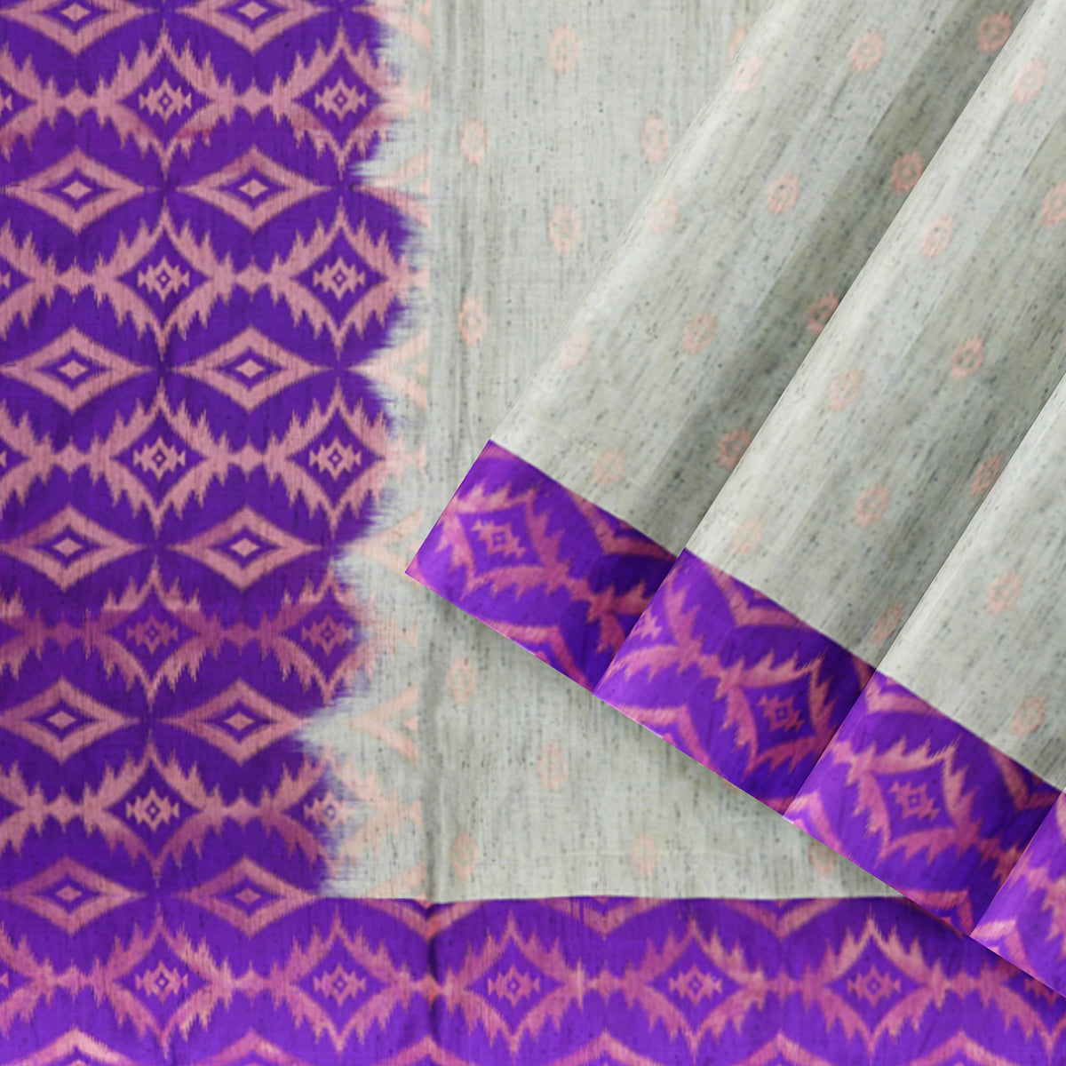 Dupion Semi soft silk grey with purple pallu