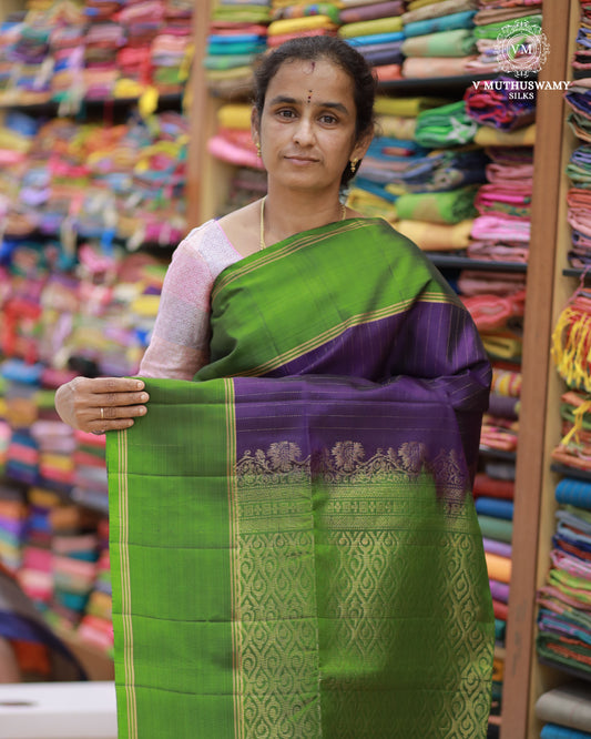 Plum Purple With Leaf Green  - Handloom Soft Silk
