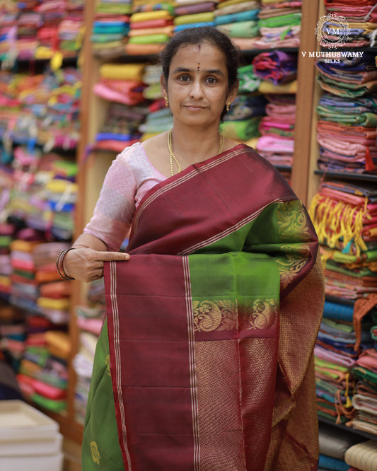 Leaf Green With Brown - Handloom Soft Silk